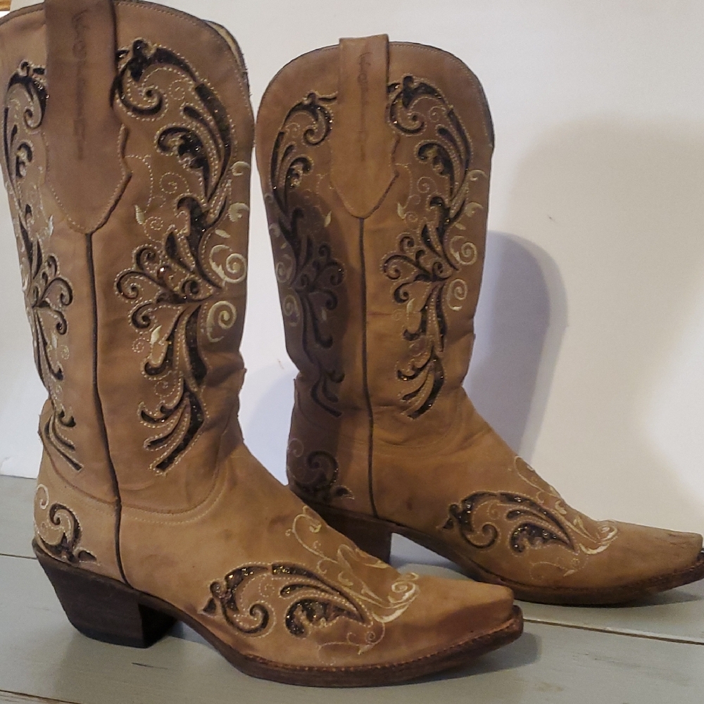 Ferrini Tan/Brown Embroidered Womens Suede Western Boots. Sz 10. Pre-owned.